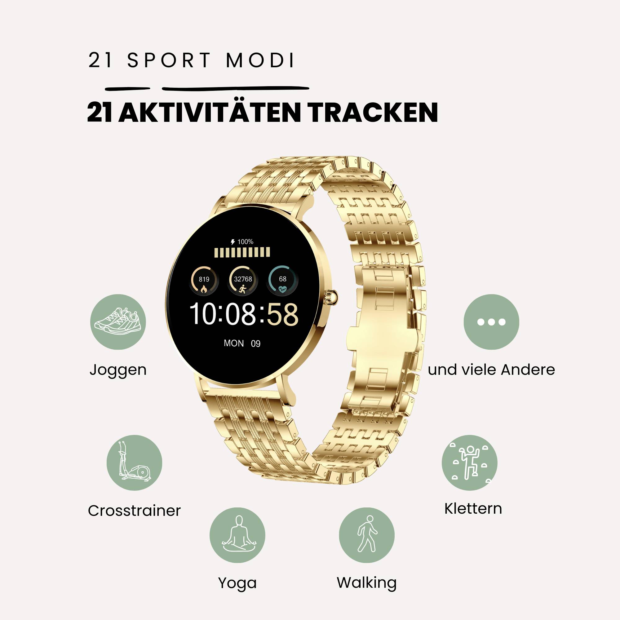 Eine goldene Smartwatch zeigt '00:58' auf dem Display, umgeben von Icons für Sportarten wie Joggen, Crosstrainer, Yoga, Walking, Klettern.