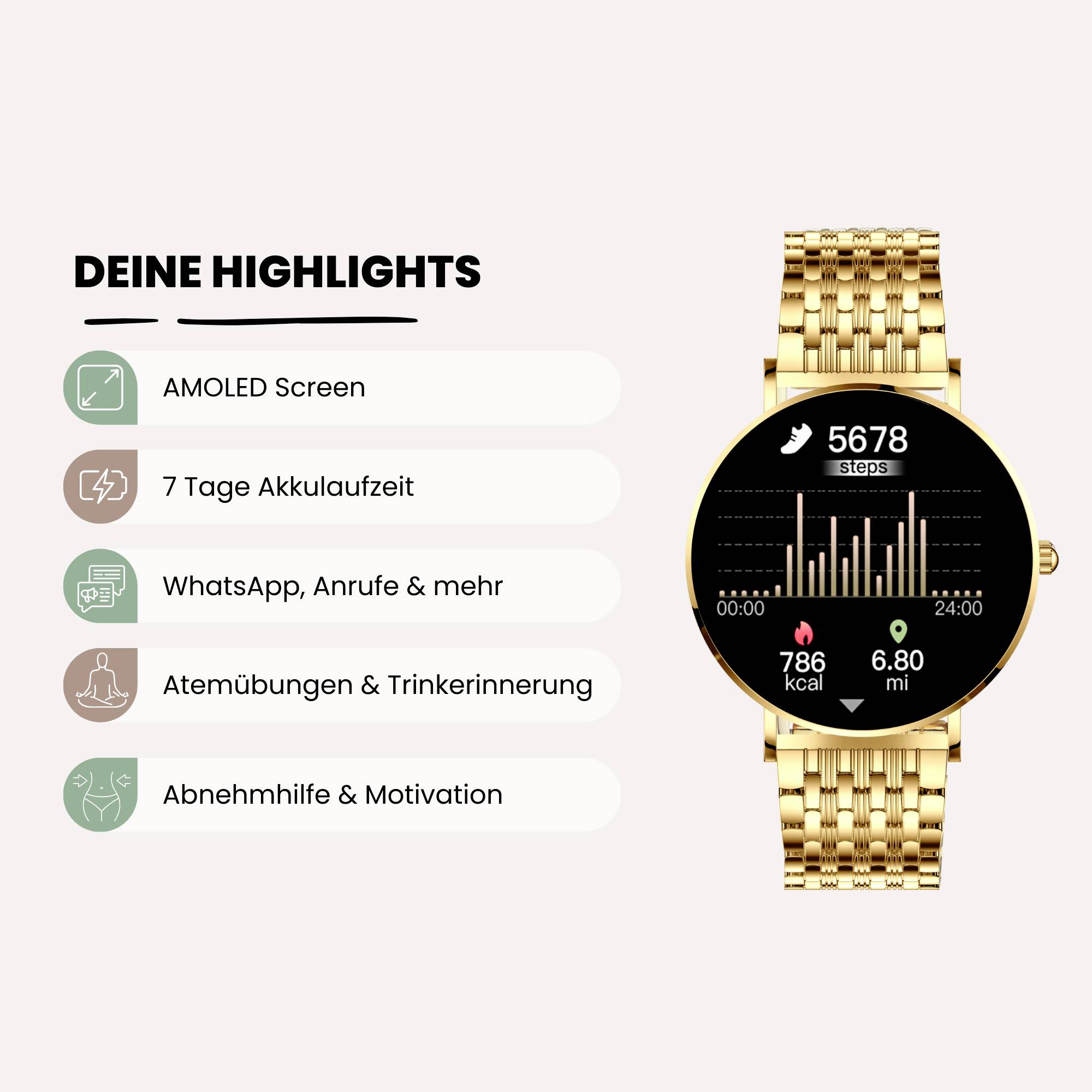 Eine goldene Smartwatch mit rundem Display zeigt Schritte, Kalorien und Herzfrequenz. Links sind ihre Funktionen wie AMOLED und 7 Tage Akkulaufzeit aufgelistet.