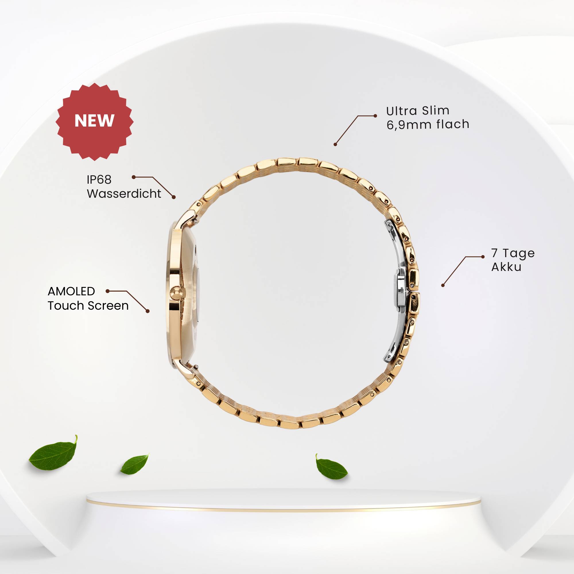 Elegante Smartwatch in der Seitenansicht, mit IP68 Wasserdichtigkeit, AMOLED Touchscreen, ultra-schlankem Design und 7 Tage Akkulaufzeit.