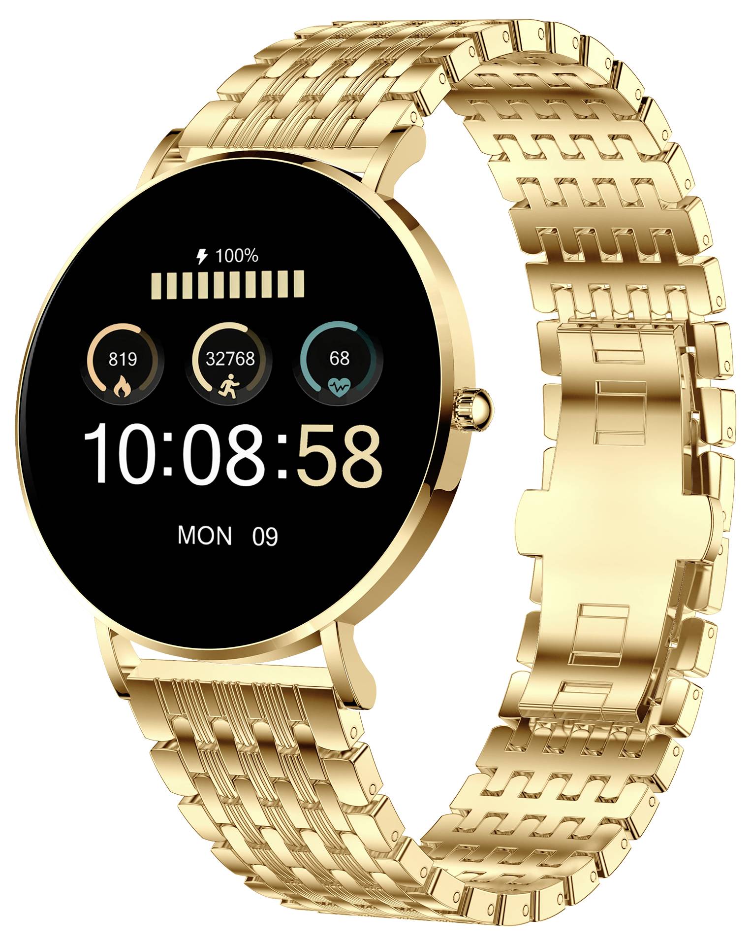Goldene Smartwatch mit rundem Zifferblatt. Zeigt Uhrzeit 10:08:58, Schrittanzahl 32.768, Herzfrequenz 68 und Montag als Tag.