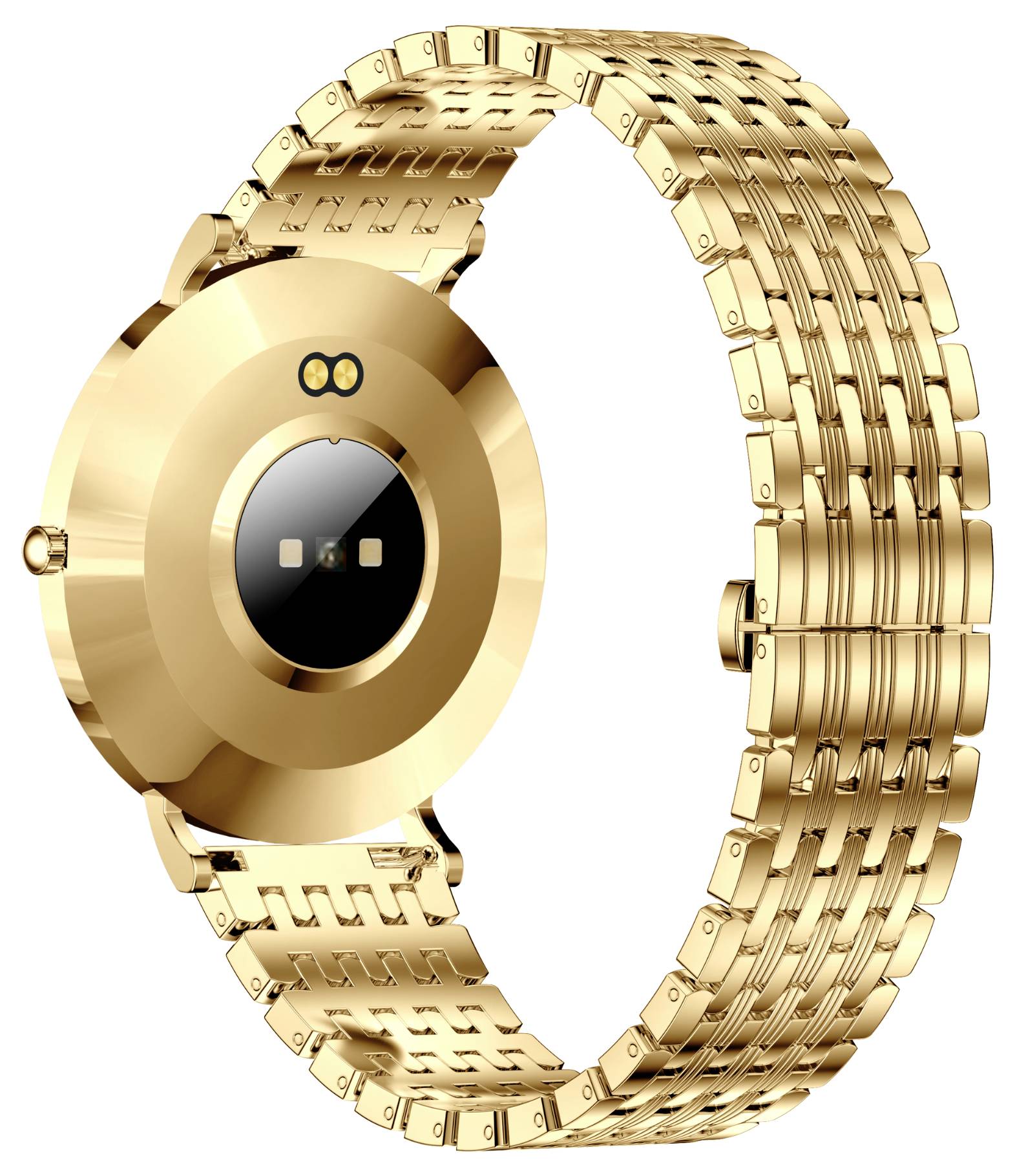 Goldene Armbanduhr mit rundem Zifferblatt und Metallarmband, Rückansicht.