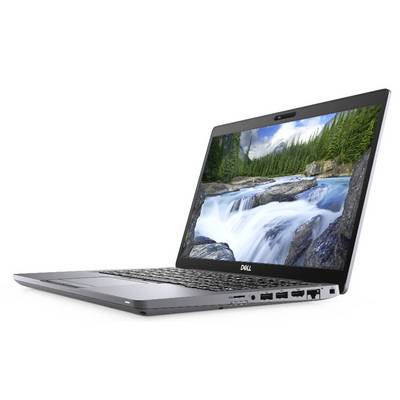 Ein silberner Laptop mit geöffneter Klappe zeigt einen Bildschirmhintergrund mit einem Wasserfall in einer Waldlandschaft.