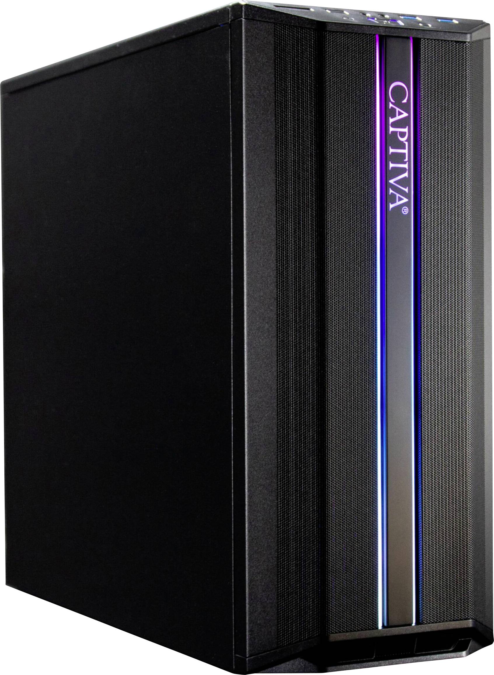 Ein schwarzes Computergehäuse mit einem leuchtenden, vertikalen Streifen an der Vorderseite und einem Markenlogo oben.