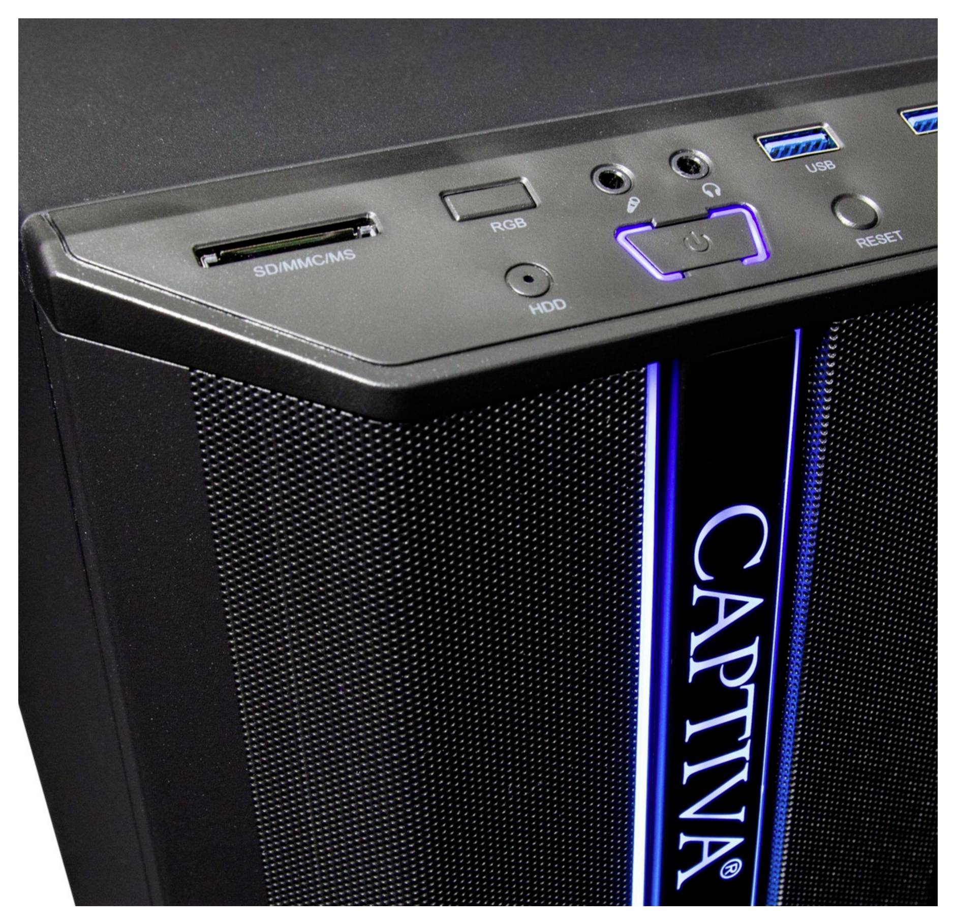 Schwarzes Computergehäuse von Captiva mit beleuchtetem blauen Streifen, mehreren Anschlüssen und einem beleuchteten Ein-/Ausschalter.