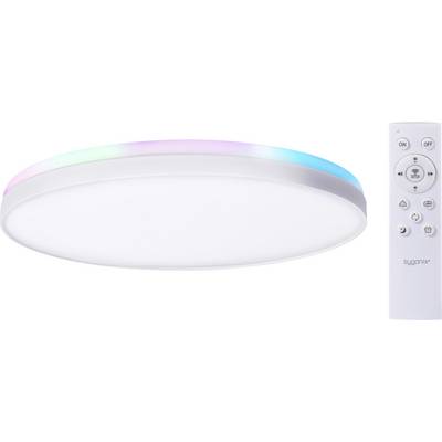 LED-Deckenleuchte mit Fernbedienung, die ein kreisförmiges Design und mehrfarbige Kanten aufweist. Die Fernbedienung verfügt über Tasten zur Stromsteuerung und Farbeinstellung.