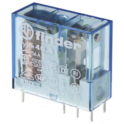 Ein blaues Finder-Relais, Typ 40.61, 16A, 250V AC. Transparentes Gehäuse zeigt Spule und Kontakte. Hergestellt in der EU.