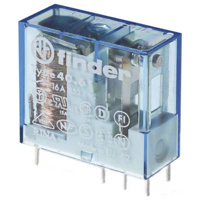 Ein blauer Finder-Relais mit der Aufschrift 'Type 40.61' und technischen Details, quadratische Form, Pins an der Unterseite.
