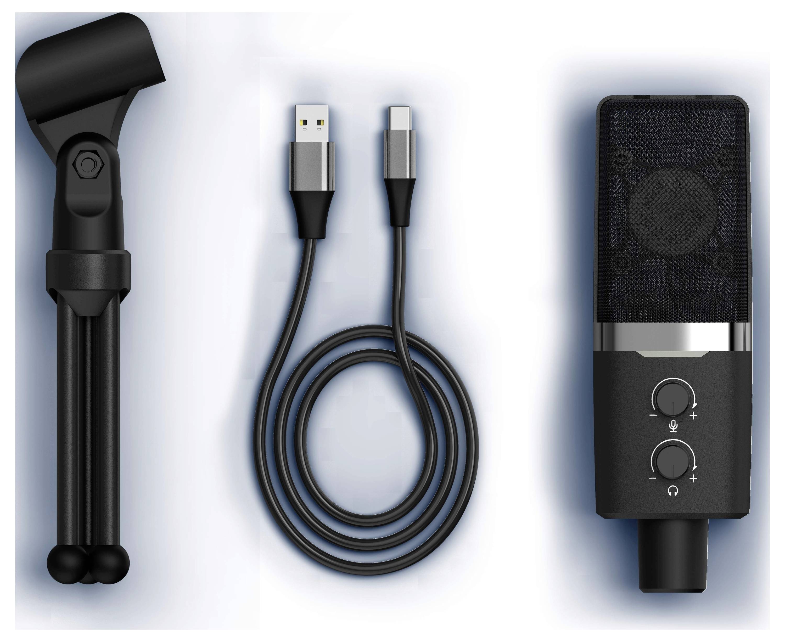 Ein schwarzes Stativ, zwei USB-Kabel und ein schwarzes Mikrofon mit Reglern sind abgebildet. Hauptfokus liegt auf dem Mikrofon.