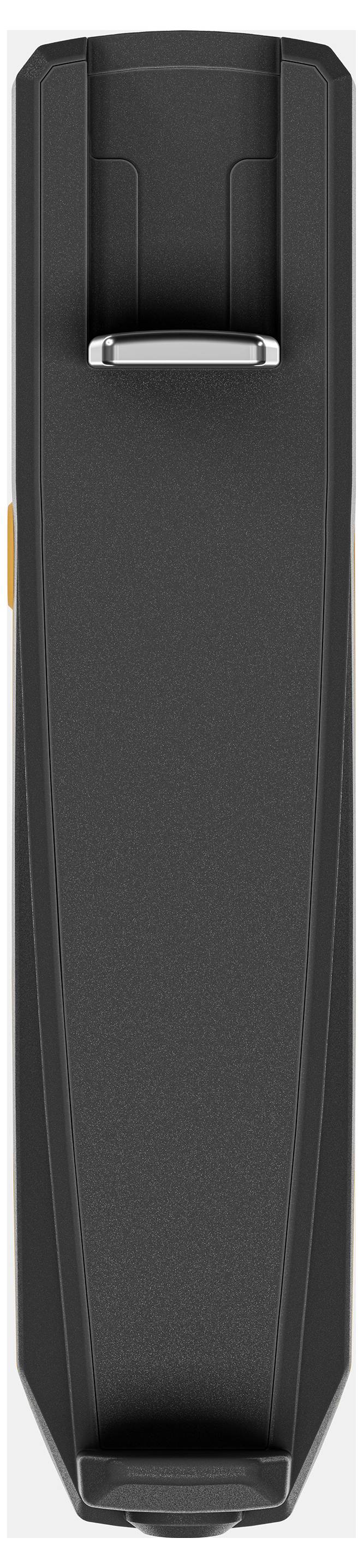 Schwarzer elektrischer Haarschneider mit einem schmalen Design, abgerundeten Kanten und einem silbernen Schneidaufsatz oben.