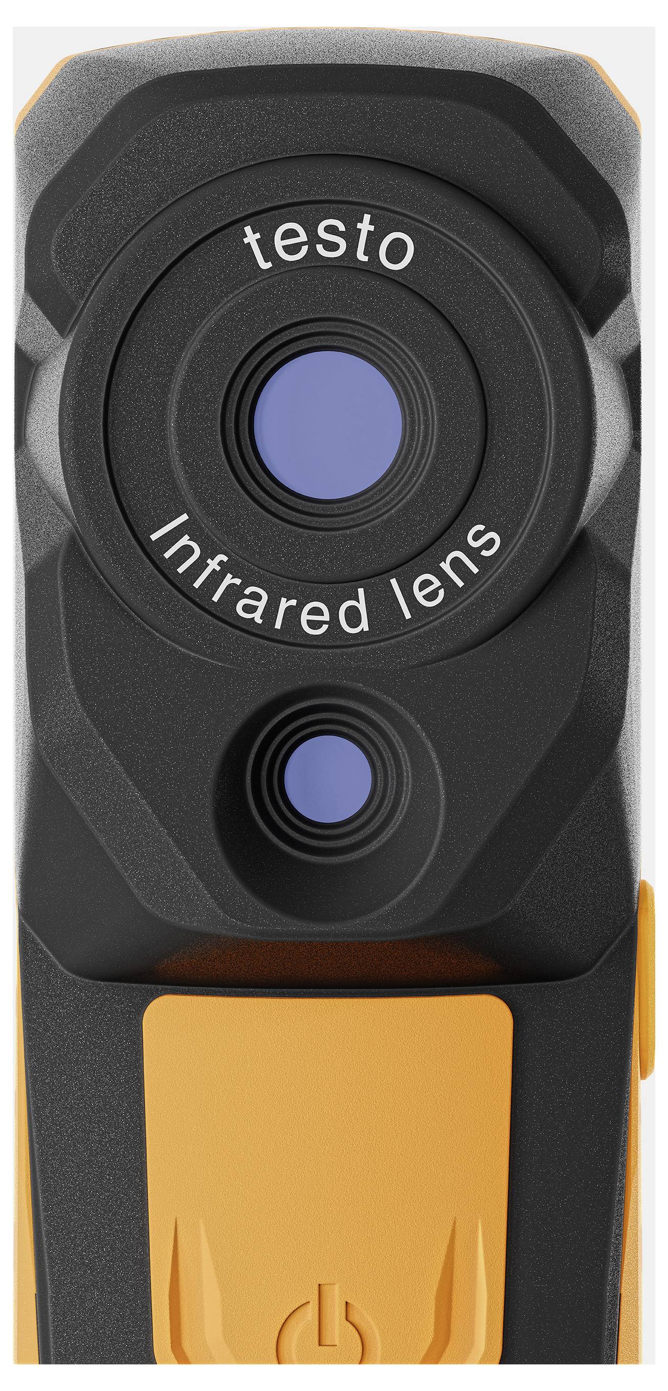 Infrarotobjektiv mit zwei blauen Linsen und der Aufschrift 'testo Infrared lens'.