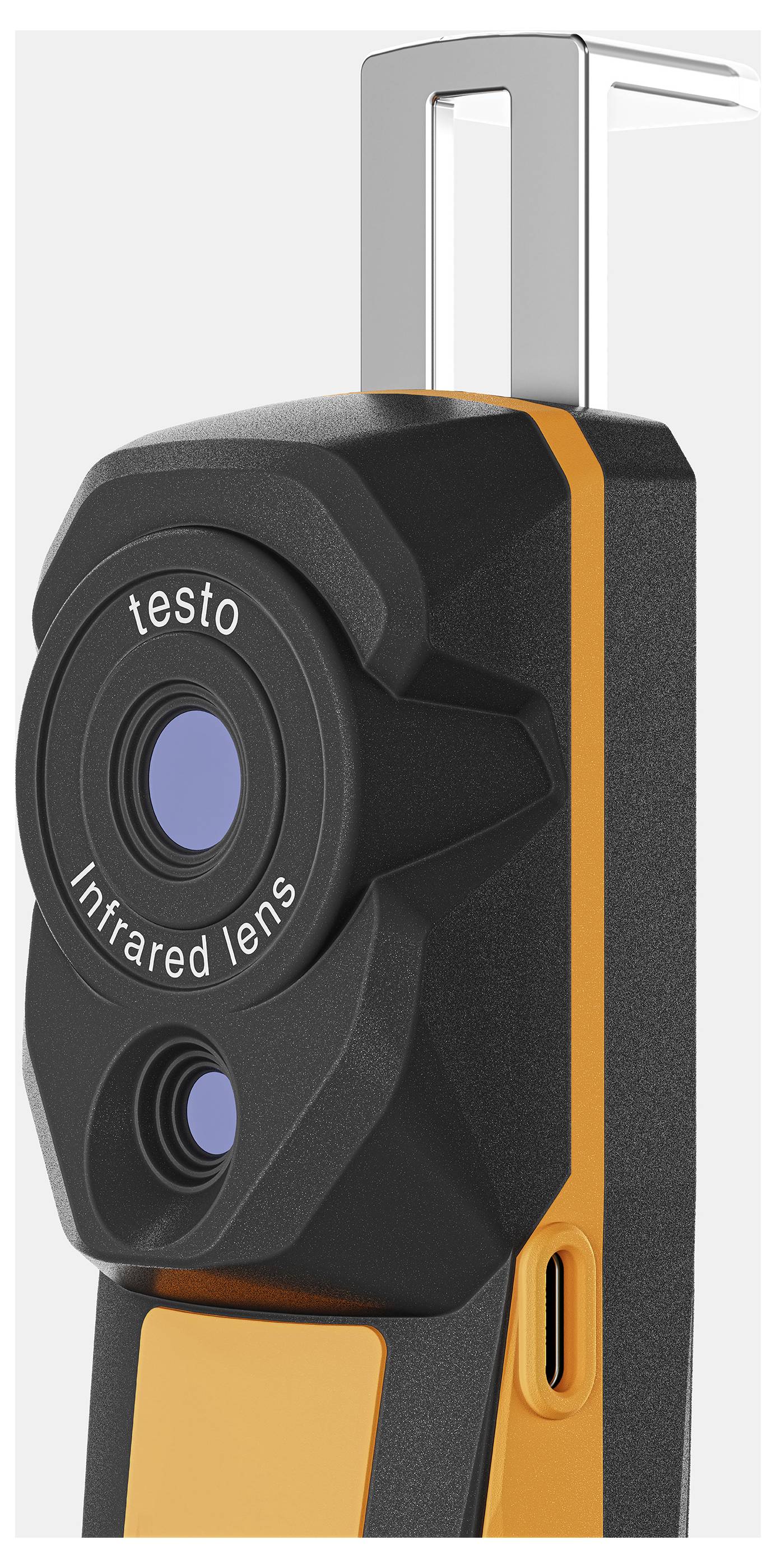 Ein handliches Infrarot-Thermometer in Schwarz und Orange mit einer eingebauten Kamera, geeignet für präzise Temperaturmessungen.