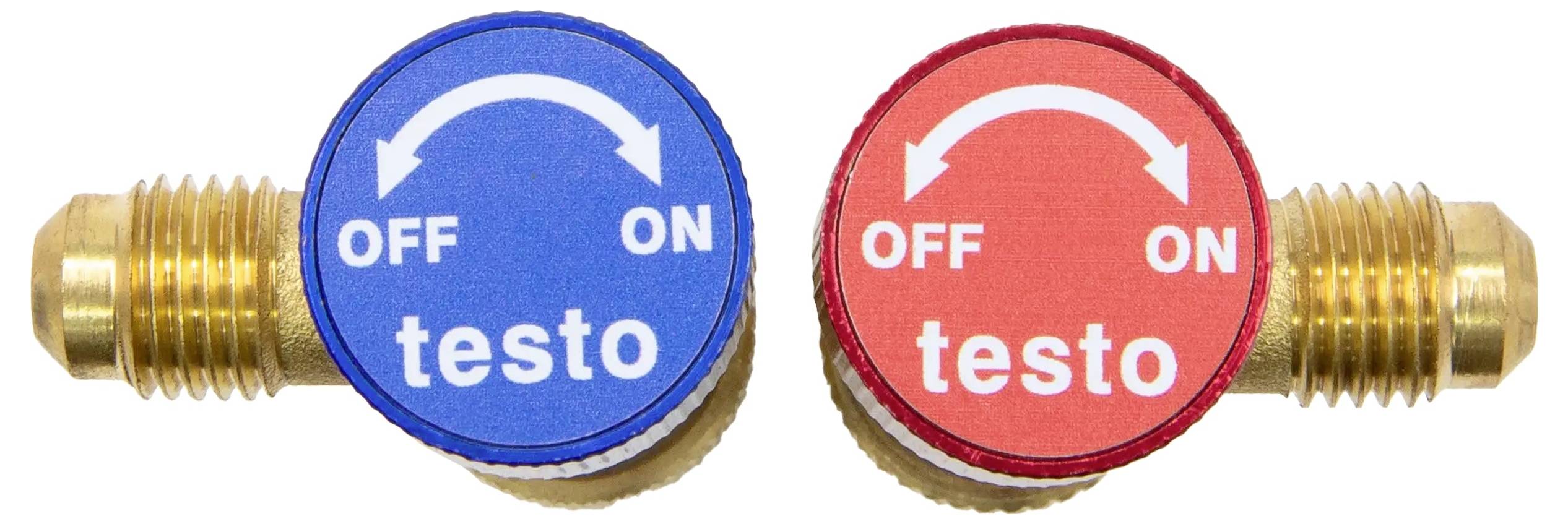 Zwei Ventilschutzkappen mit Beschriftungen: links blau 'OFF ON', rechts rot 'OFF ON', beide mit dem Markennamen 'testo'.