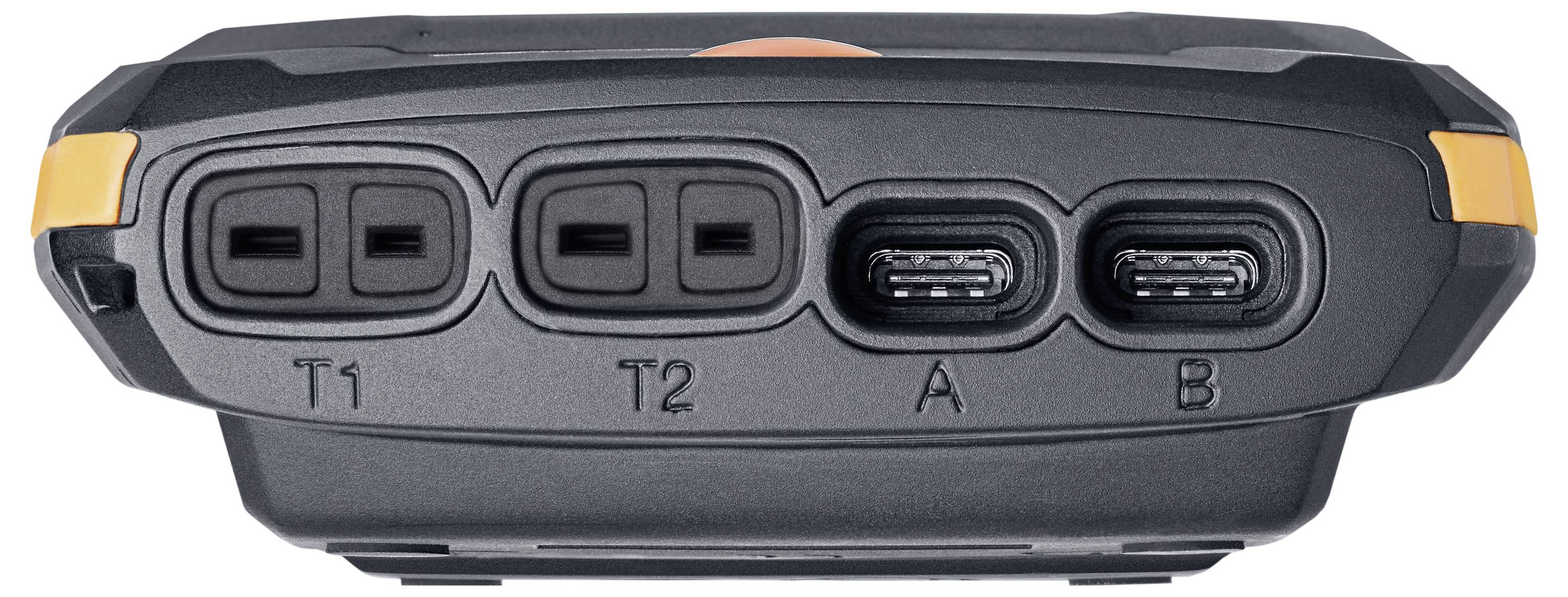 Gerät zeigt vier Anschlüsse: zwei quadratische links mit Beschriftungen 'T1', 'T2' und zwei rechteckige USB-Anschlüsse mit 'A', 'B'.