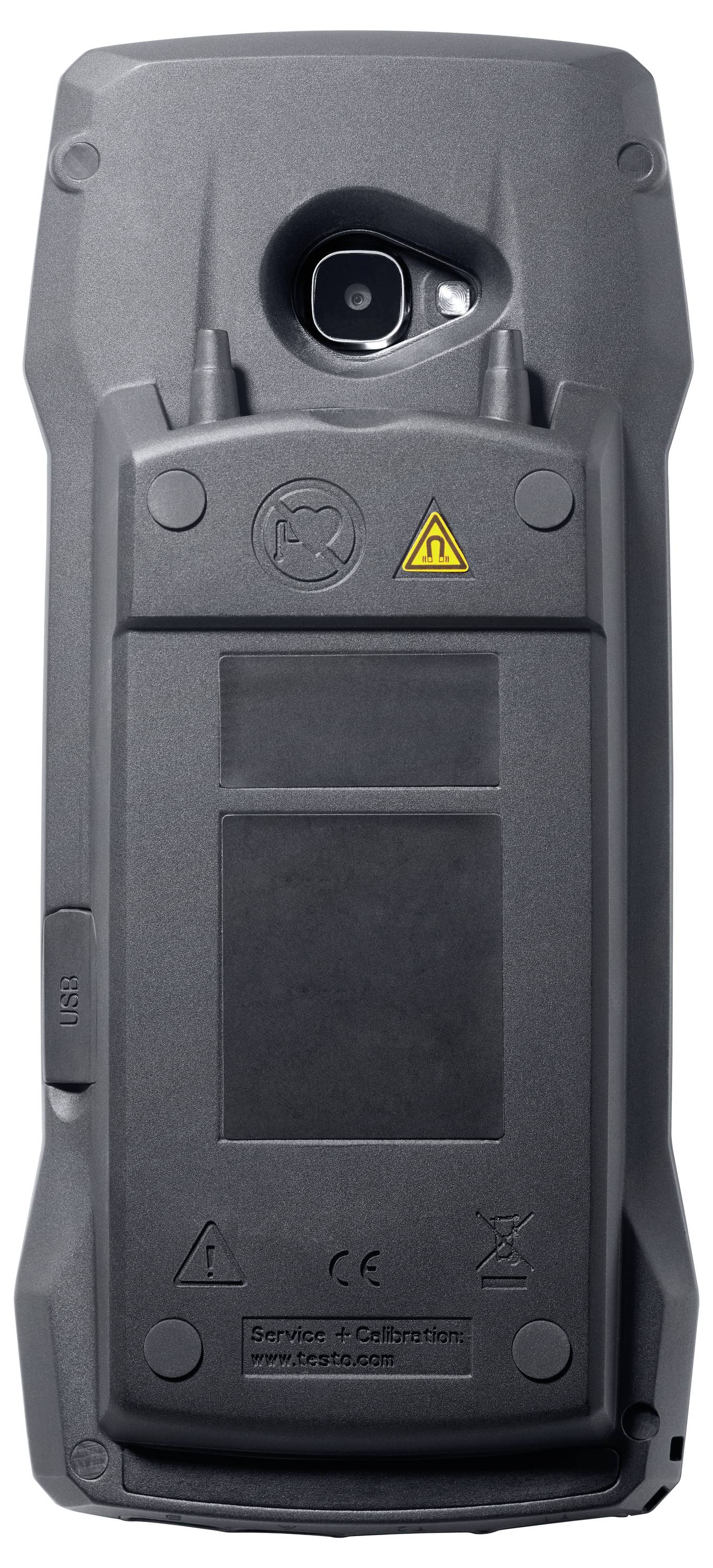 Rückseite eines robusten elektronischen Geräts mit Kamera, mehreren Symbolen und Warnhinweisen. Gerät dient möglicherweise industriellen Zwecken.