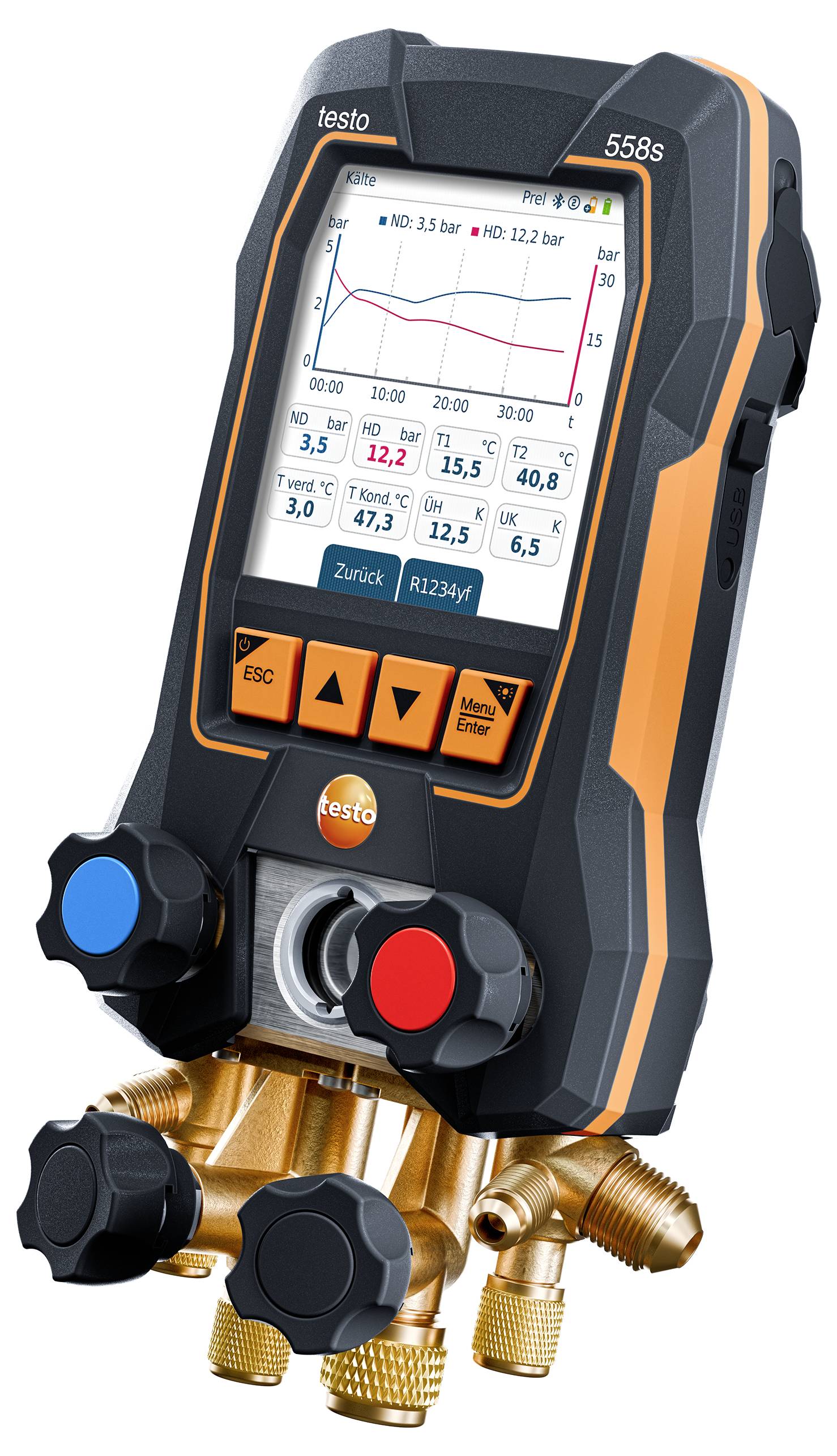 Professionelles digitales Manometer mit Display, zeigt Druckmessungen und graphische Daten an. Gerät bietet präzises Monitoring und Analyse von Drucksystemen.