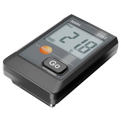 Temperatur-Datenlogger mit Display zeigt Messwert '21.8 °C' und Batteriestatus an. Großes 'Go'-Knopf für Funktion.