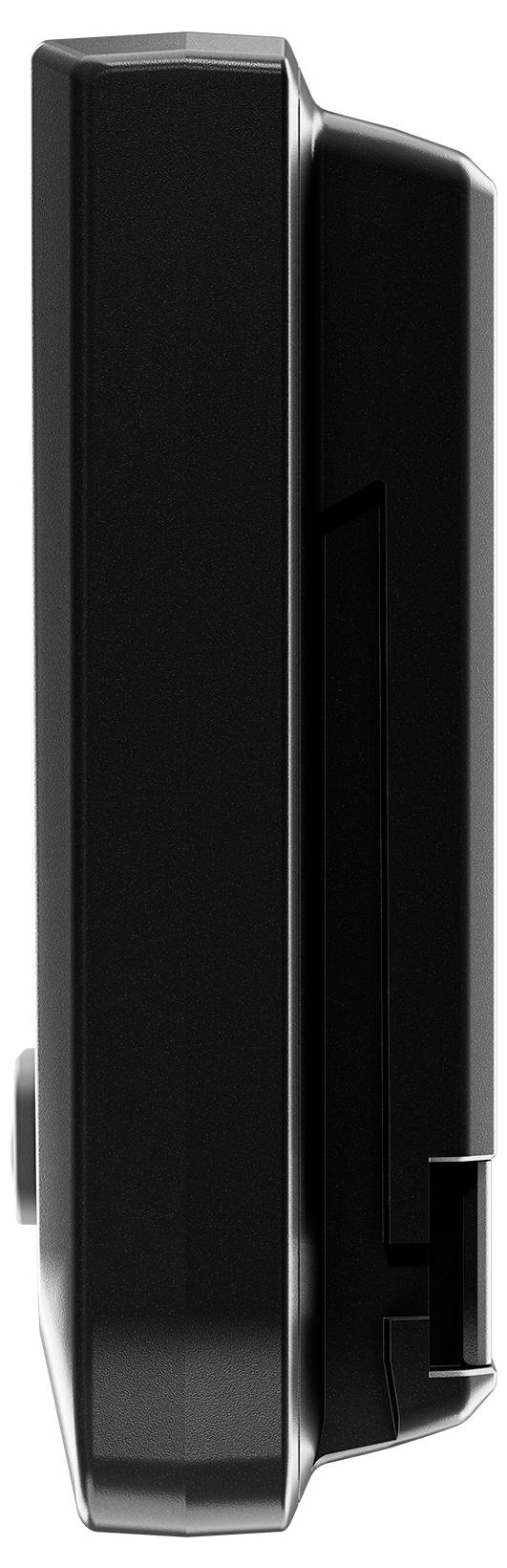 Schwarzes, rechteckiges elektronisches Gerät in seitlicher Ansicht mit abgerundeten Kanten, möglicherweise ein Mobiltelefon oder Navigationsgerät.