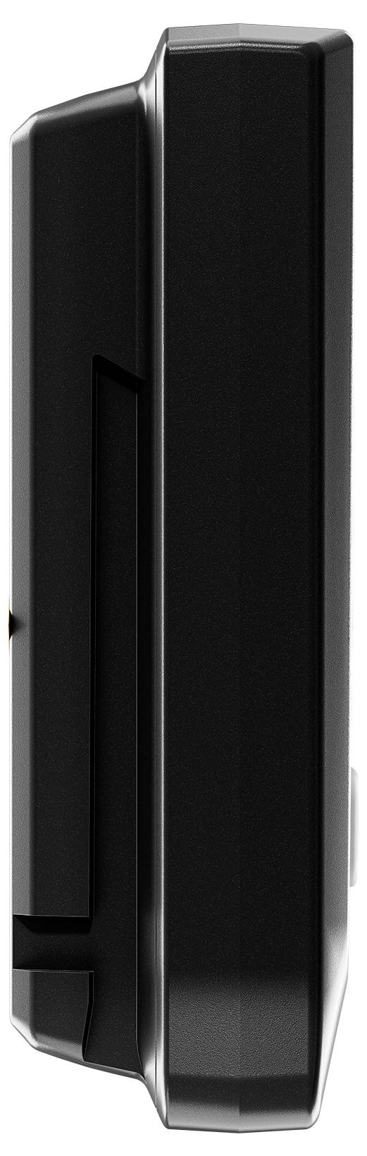 Schwarzes, rechteckiges Gerät mit glänzender Oberfläche, Seitenansicht. Sichtbare Kanten und Kurven, keine weiteren Details erkennbar.