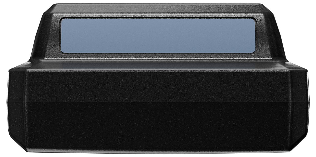 Ein schwarzer Drucker mit einem blauen Display ist zu sehen.