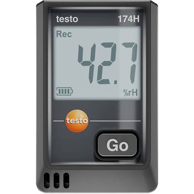Ein Datenlogger mit Display zeigt '42,7 % rH' für die Luftfeuchtigkeit an. Ein Batteriestand-Symbol ist links sichtbar.