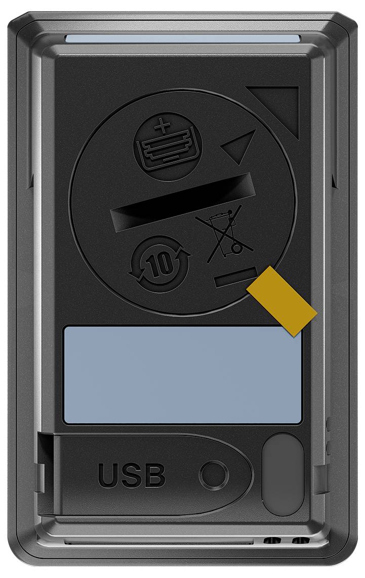 'Rückseite eines Geräts mit USB-Port, Batterie- und Müllsymbolen, sowie einer blauen Abdeckung; zeigt Nutzungs- und Entsorgungshinweise.'