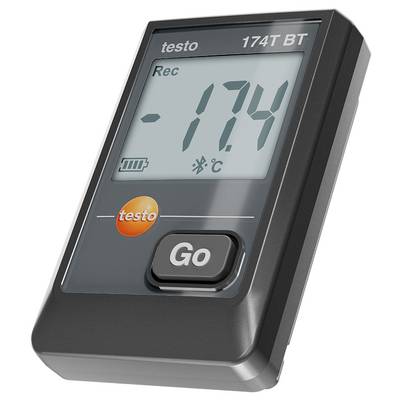 Digitales Thermometer mit der Anzeige '-17,4 °C', einer 'Go'-Taste und einem Bluetooth-Symbol, Modell 'testo 174T BT'.