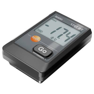 Ein digitaler Temperatur-Datenlogger mit Display, zeigt '-17,4 °C' und ein Batteriesymbol. Eine 'Go'-Taste ist sichtbar.