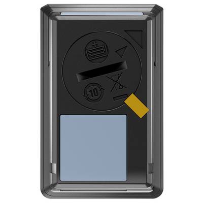 Rückseite eines elektronischen Geräts mit Batterieabdeckung und Symbolen zur Entsorgung.