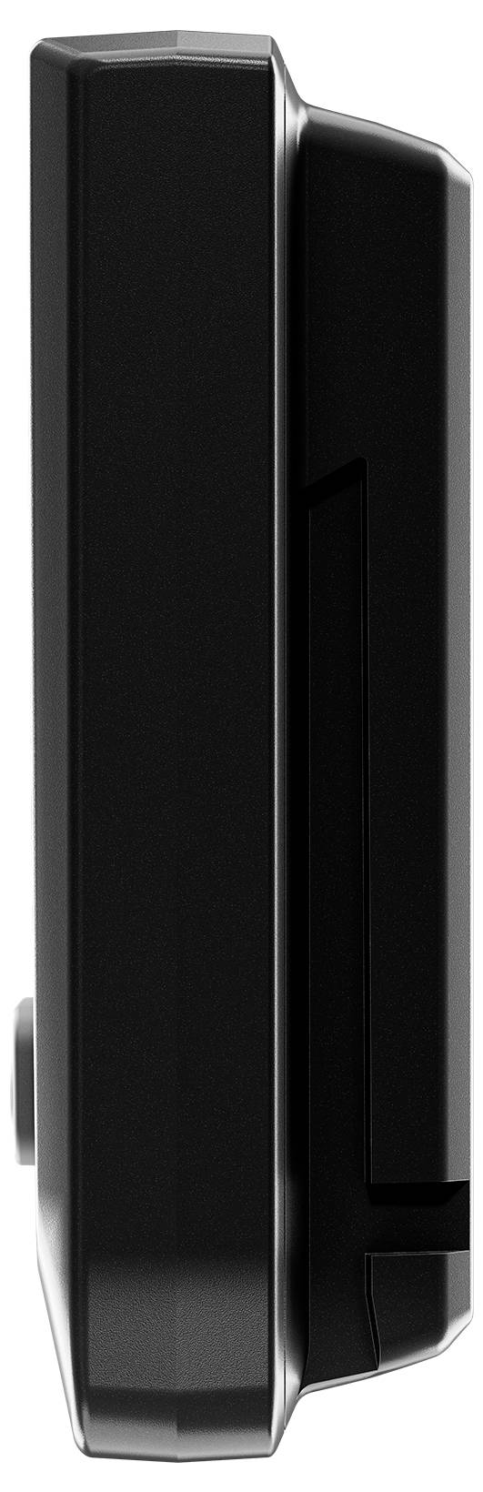 Eine schwarze, rechteckige, flache Fernbedienung von der Seite betrachtet, zeigt Knöpfe an der Kante.