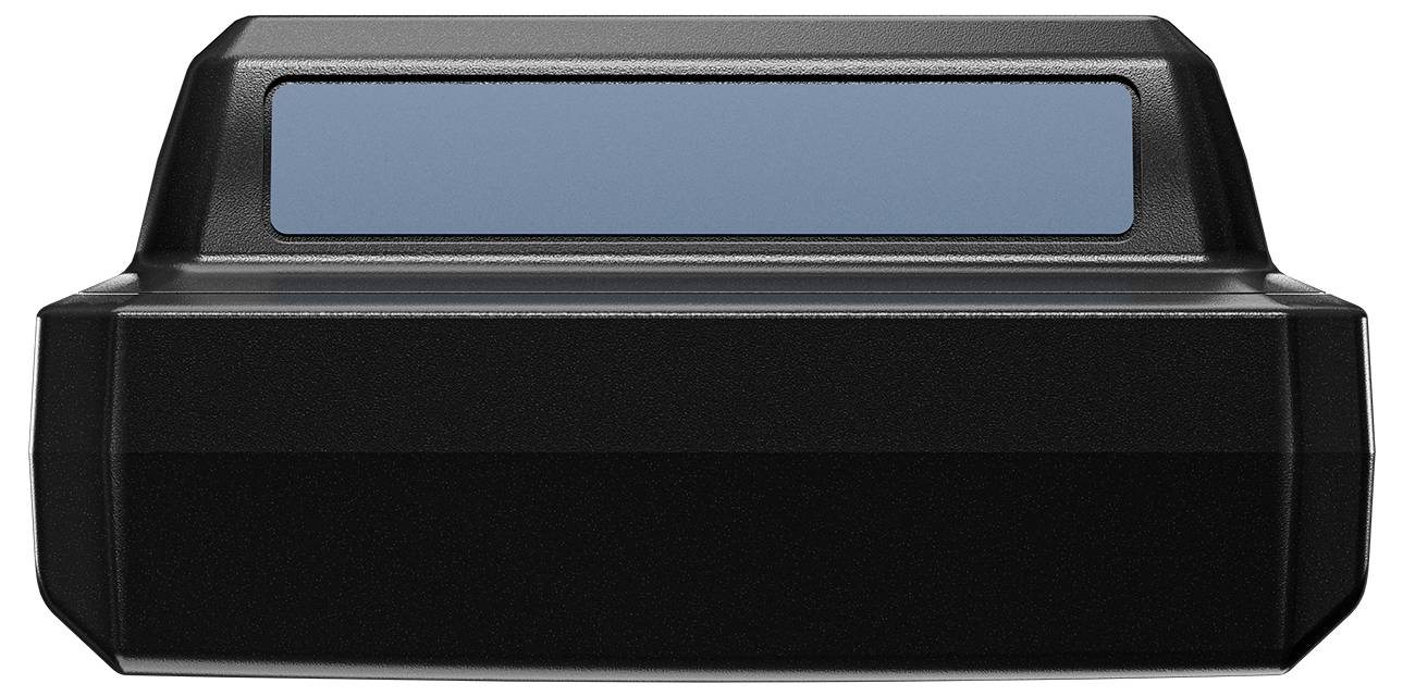 Ein rechteckiges, dunkelgraues Kunststoffgehäuse mit einem blauen Display oben, möglicherweise für ein elektronisches Gerät.