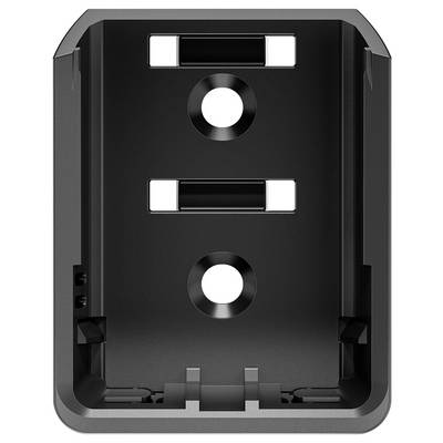 Schwarzes rechteckiges Gehäuse mit Öffnungen und Befestigungslöchern, möglicherweise zur Aufnahme elektronischer Komponenten.