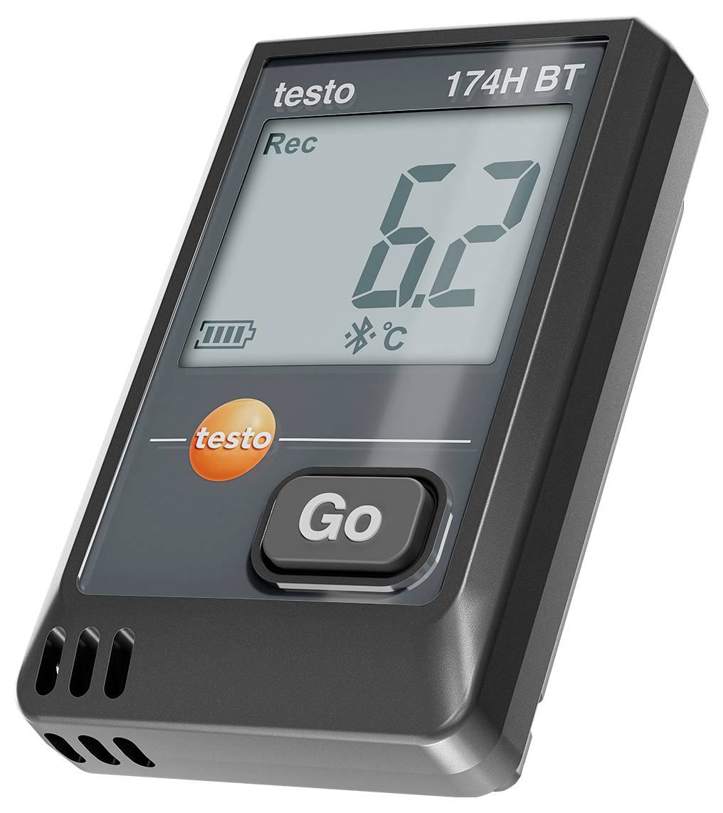Datenlogger mit Display zeigt Temperatur von 6,2°C an. Knopf mit Aufschrift 'Go', Testo-Logo, Bluetooth- und Batteriestand-Symbole sichtbar.