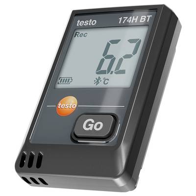 Datenlogger mit Display zeigt Temperatur von 6,2°C an. Knopf mit Aufschrift 'Go', Testo-Logo, Bluetooth- und Batteriestand-Symbole sichtbar.
