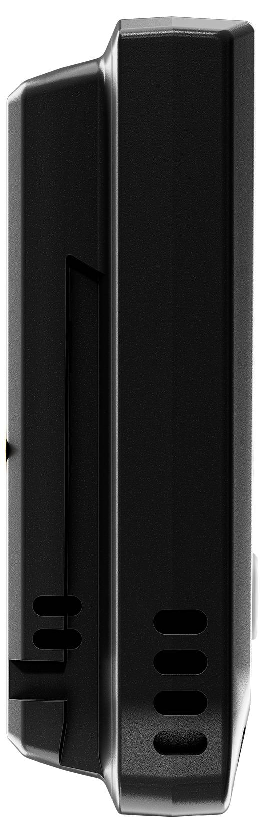 Schwarzes, rechteckiges Gerät in vertikaler Position, seitliche Ansicht. Enthält Lüftungsschlitze und ein elegantes, modernes Design.