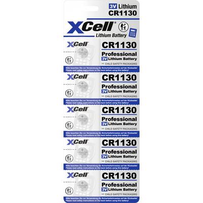 Verpackung von XCell Lithium-Batterien Typ CR1130, 3V. Fünf Batterien auf einer Karte, hervorgehoben: "Professional", "Child Safety Packaging".