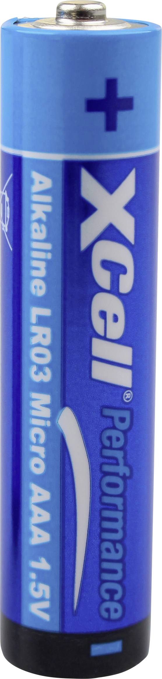 Alkaline-AAA-Batterie, Marke XCell, blaue Hülle mit weißer Schrift.