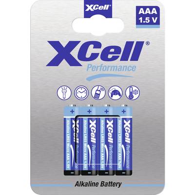 'XCell Performance' AAA-Alkalibatterien, 1.5V, vier Stück in Blisterverpackung. Geeignet für Taschenlampen und Spielzeug.