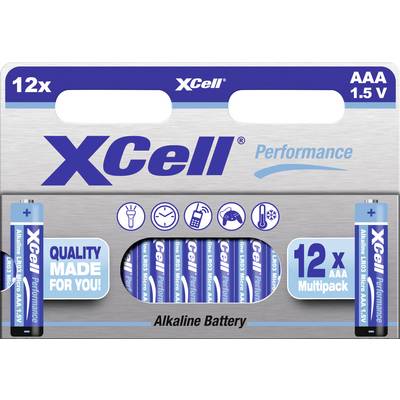 12 AAA-Alkalibatterien der Marke XCell in Verpackung. Enthält Symbole für Taschenlampe, Kamera, Telefon und Controller. Text: 'QUALITY MADE FOR YOU'.