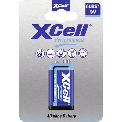 Eine 9-Volt-Batterie der Marke 'XCell' in einer Verpackung. Geeignet für Rauchmelder, Telefone, Fernbedienungen und Taschenlampen.