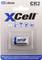 'XCell CR2 3V Lithium-Batterie' in Verpackung. Symbole zeigen, dass sie langlebig, schnell zu laden und mehrfachnutzbar ist.
