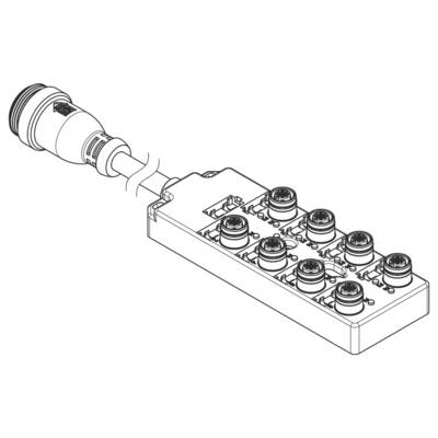Elektronisches Modul mit mehreren Kabelanschlüssen und Steckverbindungen zur Strom- oder Datenverteilung.