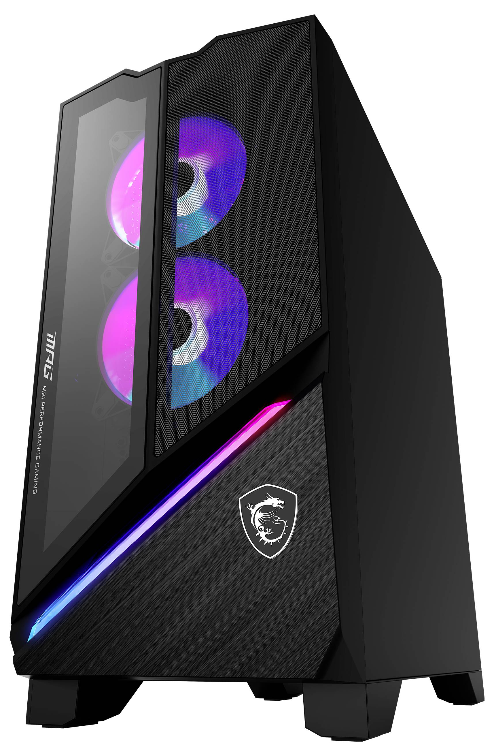 Schwarzes Computergehäuse mit transparenter Seitenscheibe, zwei beleuchtete Lüfter in Blau und Violett, diagonaler LED-Streifen.