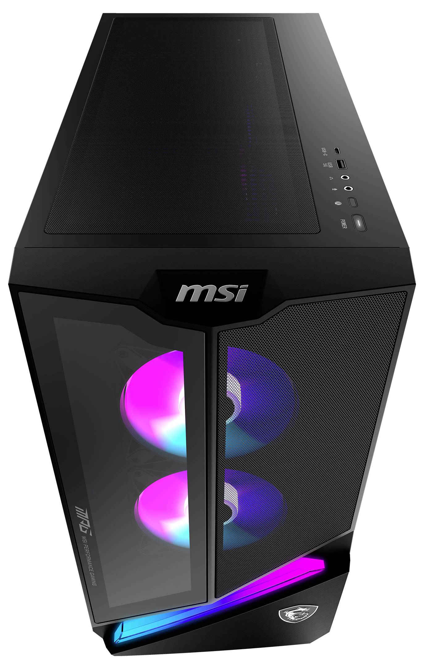 Schwarzes Gaming-PC-Gehäuse mit farbiger LED-Beleuchtung und sichtbaren Lüftern, Marke MSI oben sichtbar.