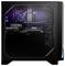 Schwarzer Gaming-PC mit transparentem Seitenfenster. Sichtbar sind der 'MSI'-Prozessor, 'GEFORCE RTX'-Grafikkarte und RGB-Beleuchtung.