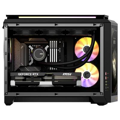 Schwarzes PC-Gehäuse mit durchsichtiger Seitenwand. Enthält eine MSI-Grafikkarte und RGB-beleuchtete Lüfter.