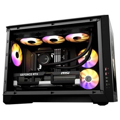 Ein offener Computer zeigt bunte LED-beleuchtete Lüfter, eine GeForce RTX-Grafikkarte und MSI-Komponenten in einem dunklen Gehäuse.