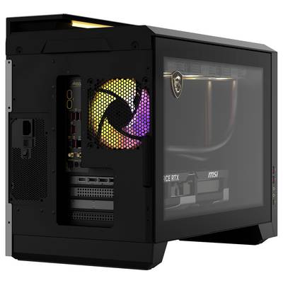 Ein schwarzer PC-Gehäuse mit Seitenfenster zeigt innenliegende Komponenten wie die Grafikkarte und ein beleuchteter Ventilator in Regenbogenfarben.