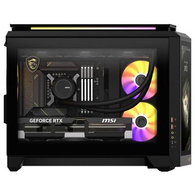 Gaming-PC-Gehäuse mit durchsichtiger Seitenwand. Zeigt RTX-Grafikkarte, MSI-Mainboard und bunte RGB-Lüfter.