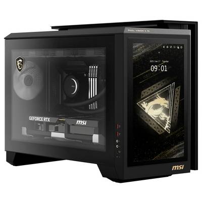 Ein MSI Gaming-PC mit sichtbarer GeForce RTX-Grafikkarte und eingeschaltetem Display an der Seite, zeigt die Uhrzeit 09:01.