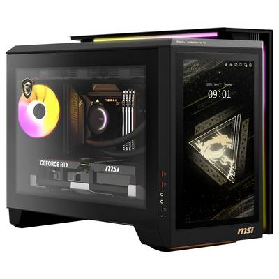 Ein Gaming-PC mit transparentem Gehäuse zeigt eine bunte LED-Beleuchtung und eine GeForce RTX-Grafikkarte. Er hat ein Seitenpanel mit Anzeige.